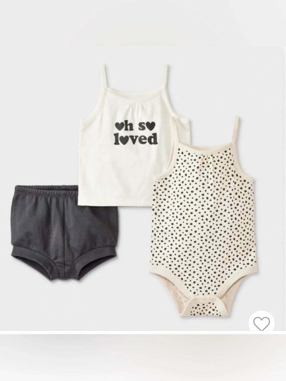 Cat & Jack Tank ❤️H S❤️ LOVED Shorts & Dot Bodysuit 3-Pc Set - Cream, Black 3-6m